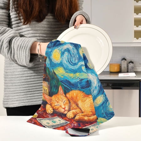 BZSMCE Kitchen Towels Creative Sleeping Cat Print Pattern Durable Kitchen Towel