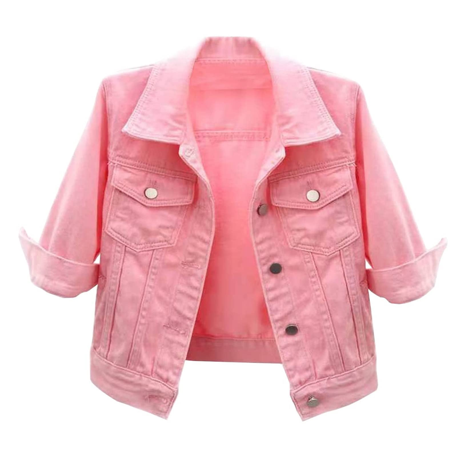 Denim Jacket for Women Button Down 3/4 Short Sleeve Cropped Jean 