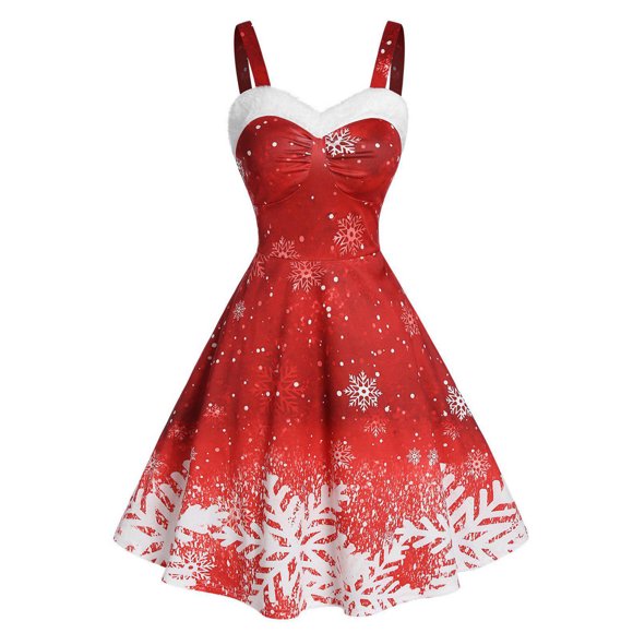 HKEJIAOI Womens dress Women Vintage Christmas Color Snowflake Print Off Shoulder Party Dress Deals Clearance Red