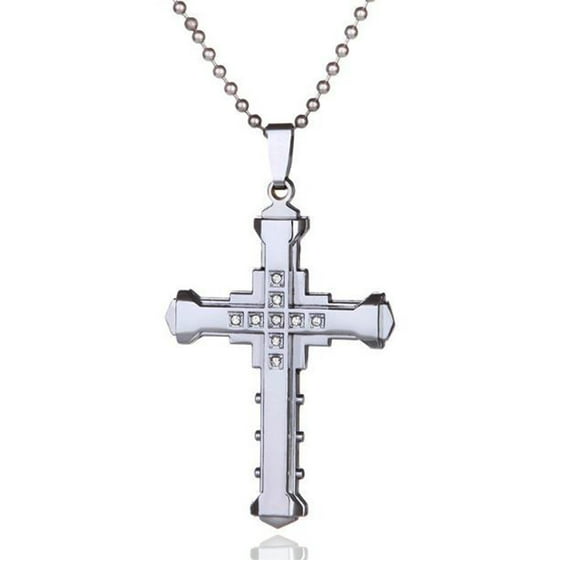 Stainless Steel Jewelry Double Layer Cubic Zirconia Stainless Steel Cross Pendant Necklace for Men