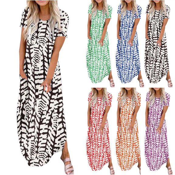 Elainilye Fashion Summer Dresses for Women 2024 Summer Casual Rounk Neck Short Sleeve Pockets Printing Long Dress,Black