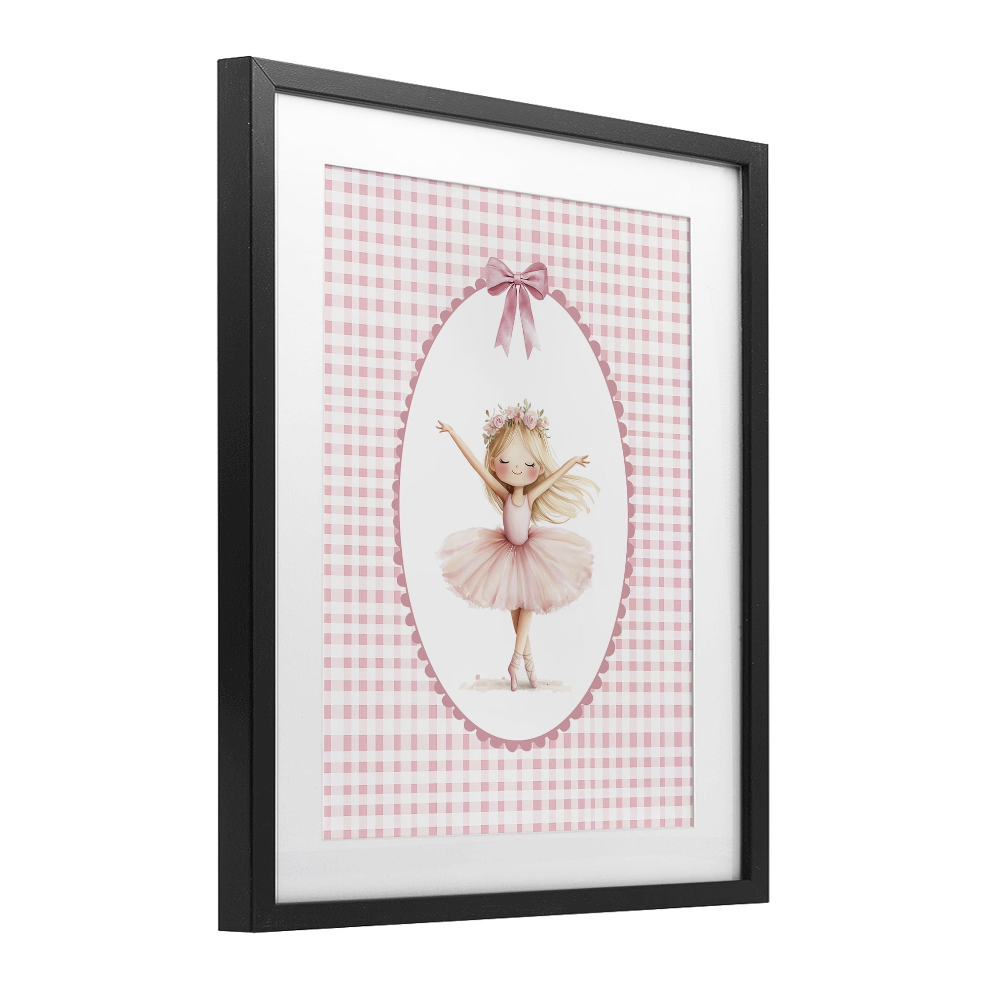 Ballerina on Pink Checkered Black Framed Print Under Glass, design by Christine Simpson Art