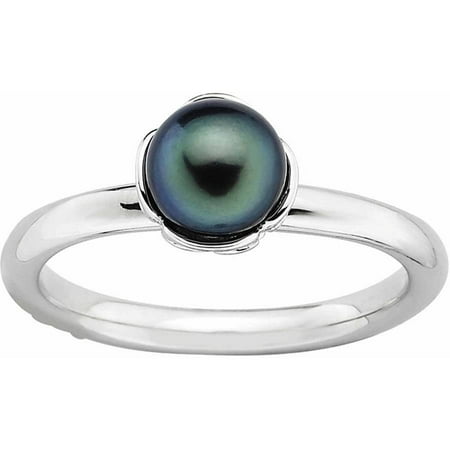 Sterling Silver Stack Exp. Polished Black FW Cultured Pearl Ring