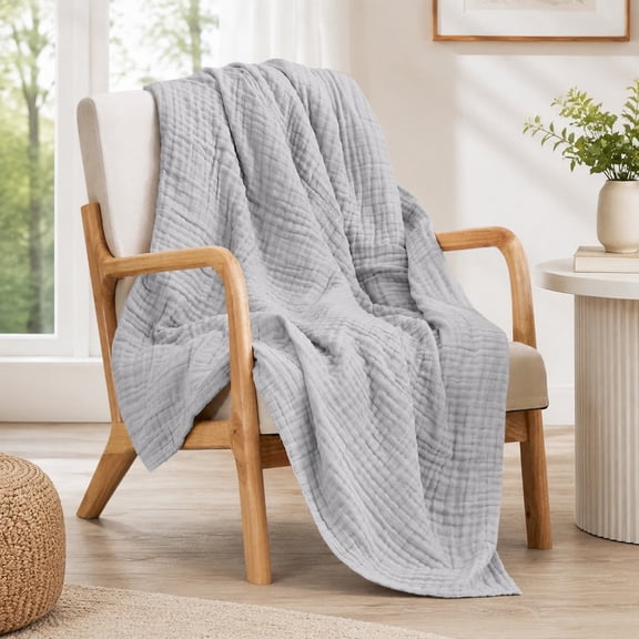 100% Cotton Muslin Blanket, 6 Layer Lightweight Breathable Gauze Twin Size 60 x 80 Inches, Soft Summer Blanket for Bed or Couch, Light Grey