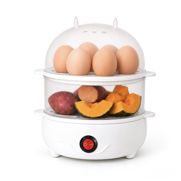 2-Layer Electric Egg Cooker Rapid Egg Boiler with Auto Shut-Off Multi-Functional Egg Poacher for Soft Medium Hard Boiled Eggs, Mini Food Steamer for Corn, Potatoes, Vegetables, Easy to Operate,White