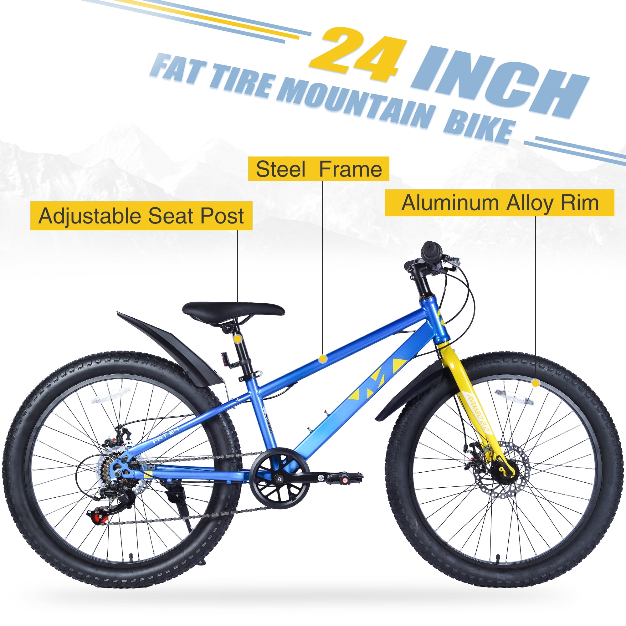 Zukka 24 inch Mountain Bike Fat Tire 7 Speed Hardtail Dual Disc Brake Hardtail Bicycle for Students Blue