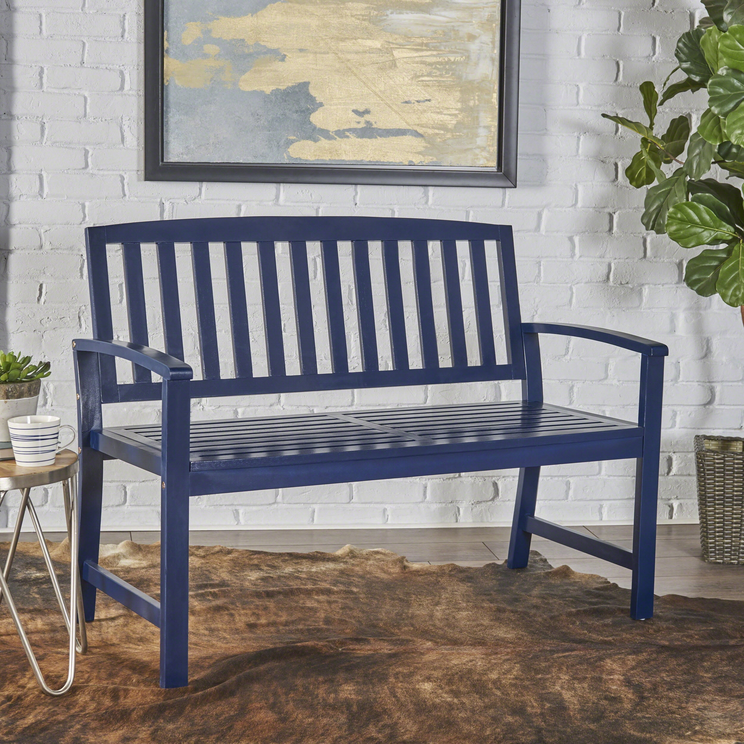 Outdoor Farmhouse Style Wood Leisure Bench, Retro Rest Seat for Patio Garden, Navy Blue