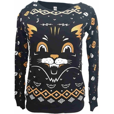Junior Womens Black Halloween Sweatshirt Kitty Cat Kitten Light Up Sweat Shirt