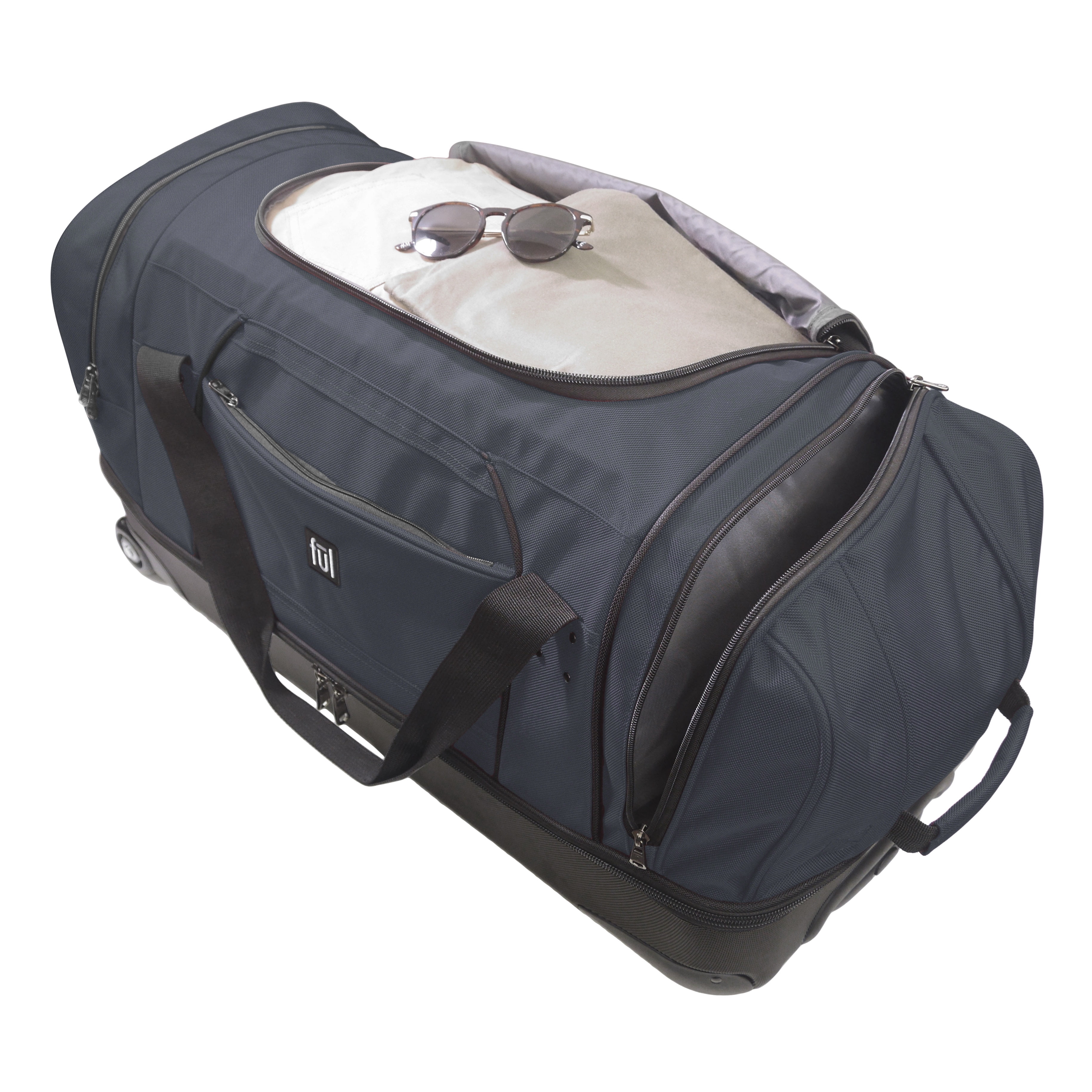 FUL Workhorse 30-Inch Rolling Duffel Bag, Split-Level Travel Luggage with Hardshell Base and Wheels, Navy