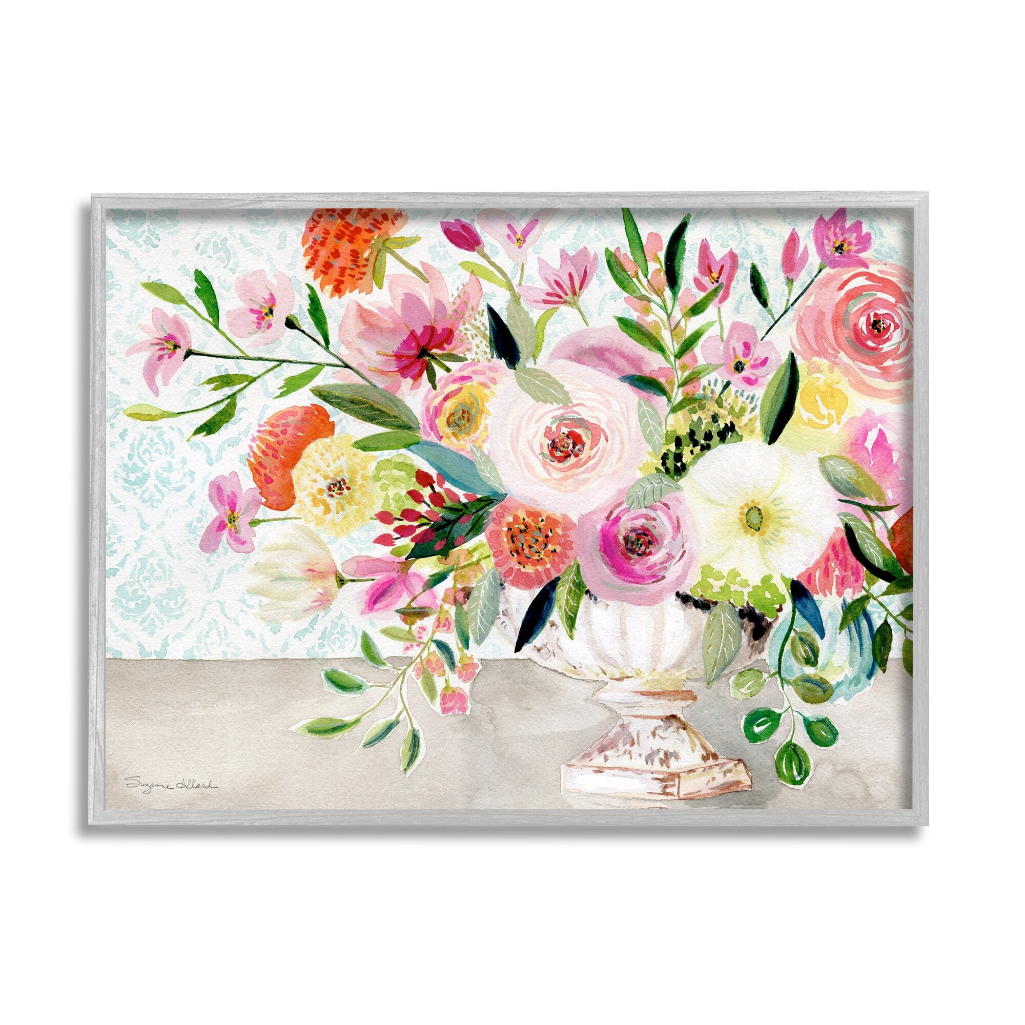 Stupell Industries Pink & Red Peonies Ornate Vase Botanical & Floral Painting Gray Framed Art Print Wall Art