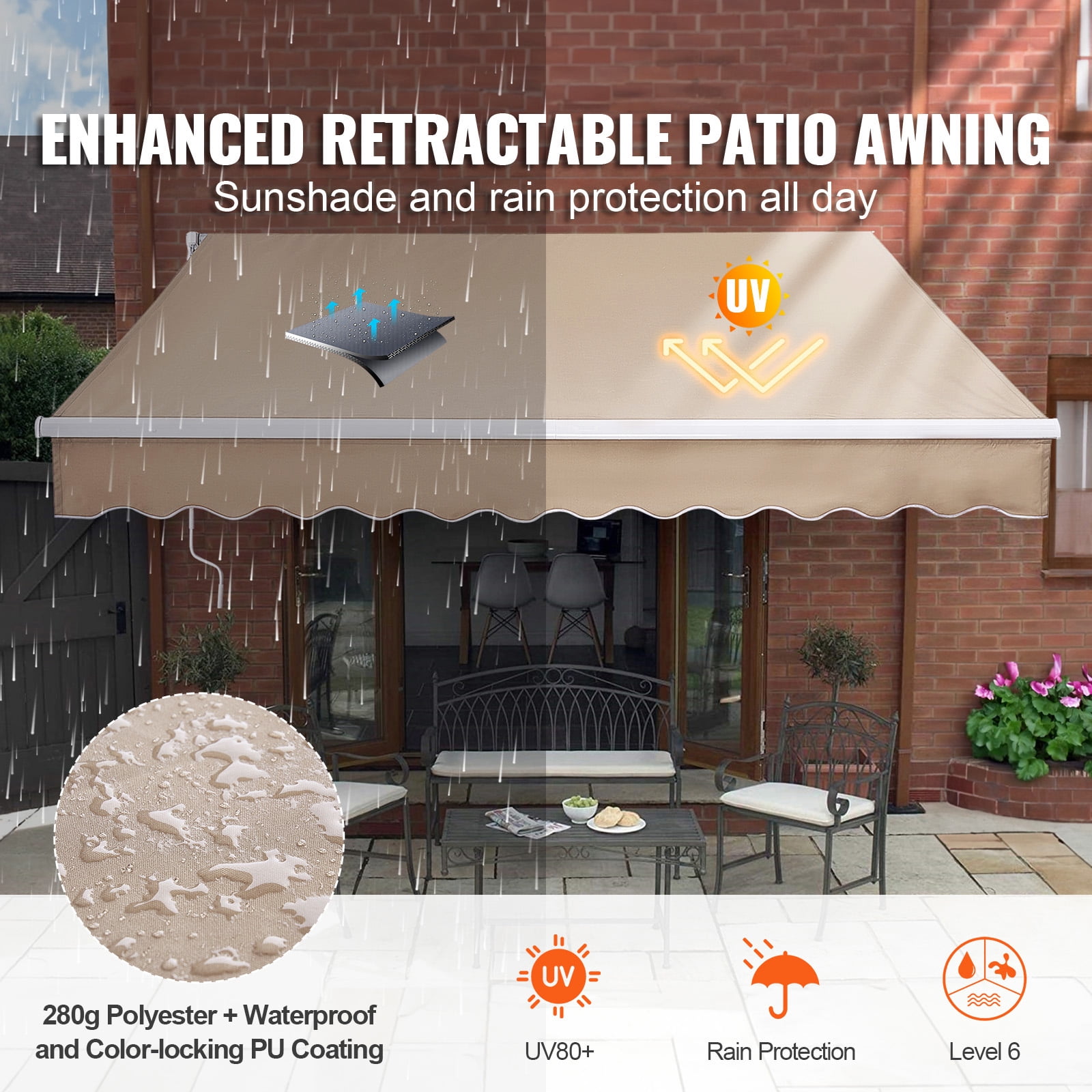 KFFKFF Hand-Operated Retractable Canopy, 12 x 10 ft Exterior Deck Shade, Moisture-Resistant Polyester Terrace Door Window Shade Shelter with Turning Handle for Garden, Veranda