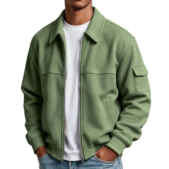 Jjayotai Men's Zip Up Jacket Collared Bomber Sleeve Pocket Utility Outerwear Casual Loose Fit Fall Winter Streetwear Ribbed Cuffs