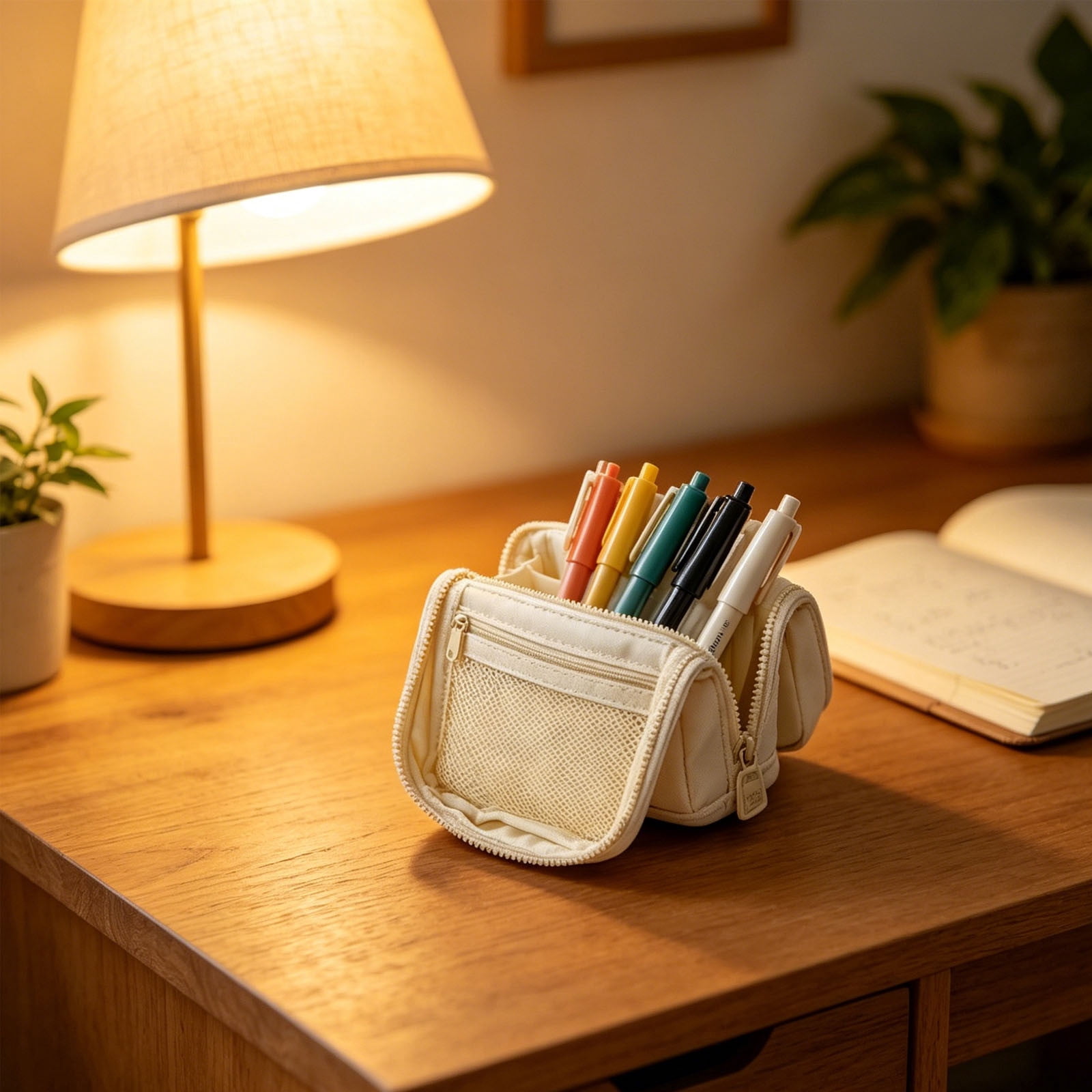 Roiihwy Standing Pencil Case Pouch with Multi Compartments, Large Capacity Pencil Bags with Zipper for Supplies and Office Organization(Beige)