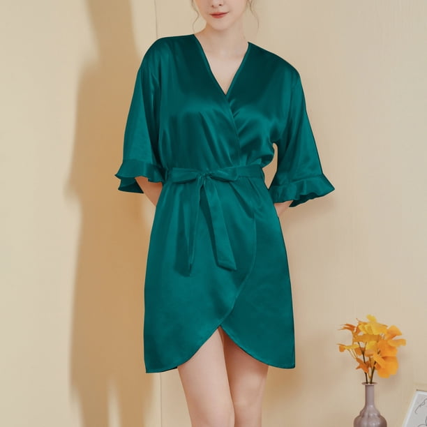 Batas para mujer, con mangas de hojas, estilo corto, sensación fresca, con cinturón, para usar en casa, camisón, batas para mujer