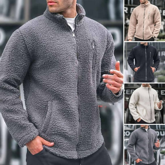 Men Polar Fleece Jacket Stand-Up Collar Long Sleeve Zipper Fly Coat with Pockets Solid Color Loose Fit Winter Outwear