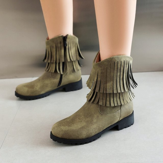YOUSNH Bottines pour Femmes Mode Nouveau Motif Décoration à Franges Bout Rond Talon Bas Confortables Automne et Hiver Chaussures à Fermeture Éclair pour Femmes Vert 8