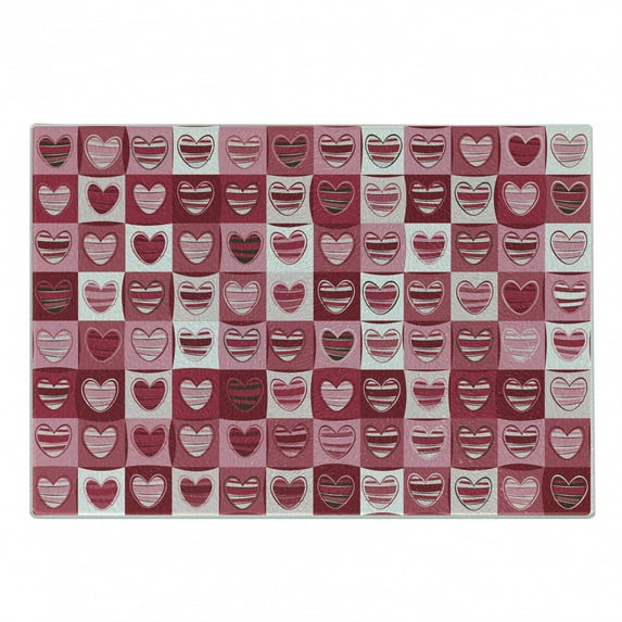 Love Cutting Board, Hearts for Valentine Checked Pattern Square Geometric Vintage, Decorative Tempered Glass Cutting and Serving Board, Small Size, Dried Rose White, by Ambesonne