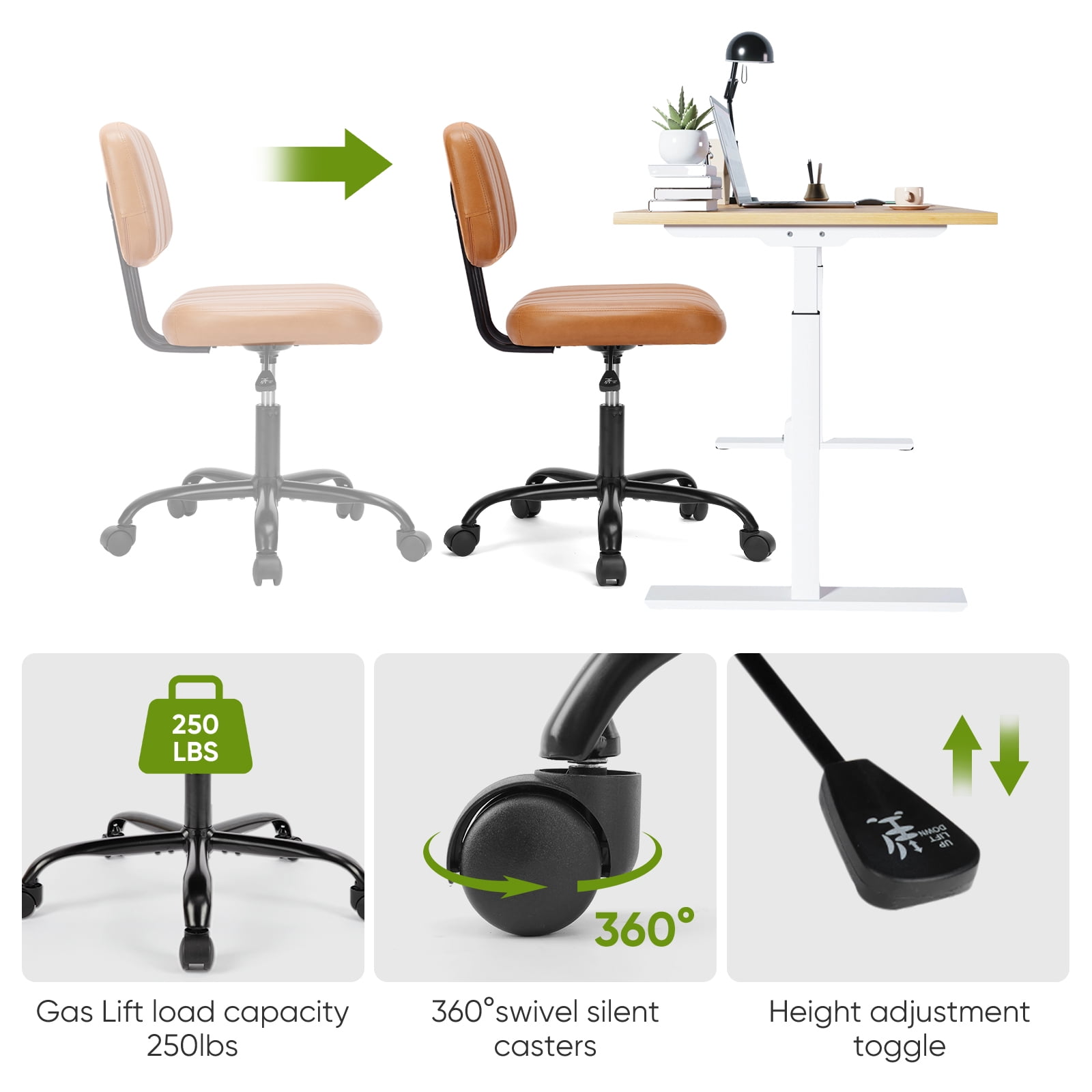 CONCETTA Indoor Small Desk Chair Low Back Height Adjustment Vanity Office Chair, Brown
