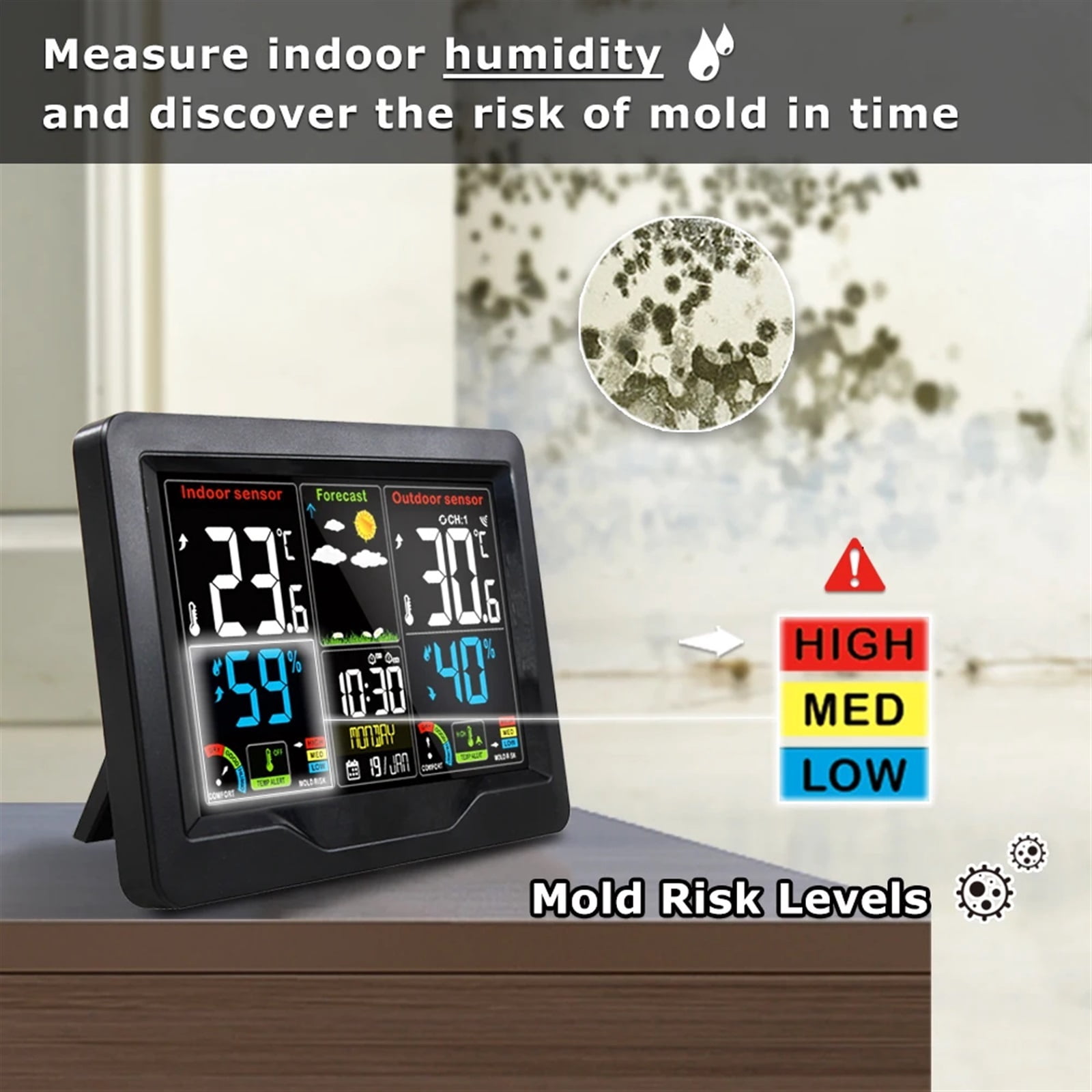 Weather Station Thermometer Humidity Forecast Mildew Grade Alarm Clock Wireless Desk Table Tool 3 with Outdoor Sensors ,High Precision