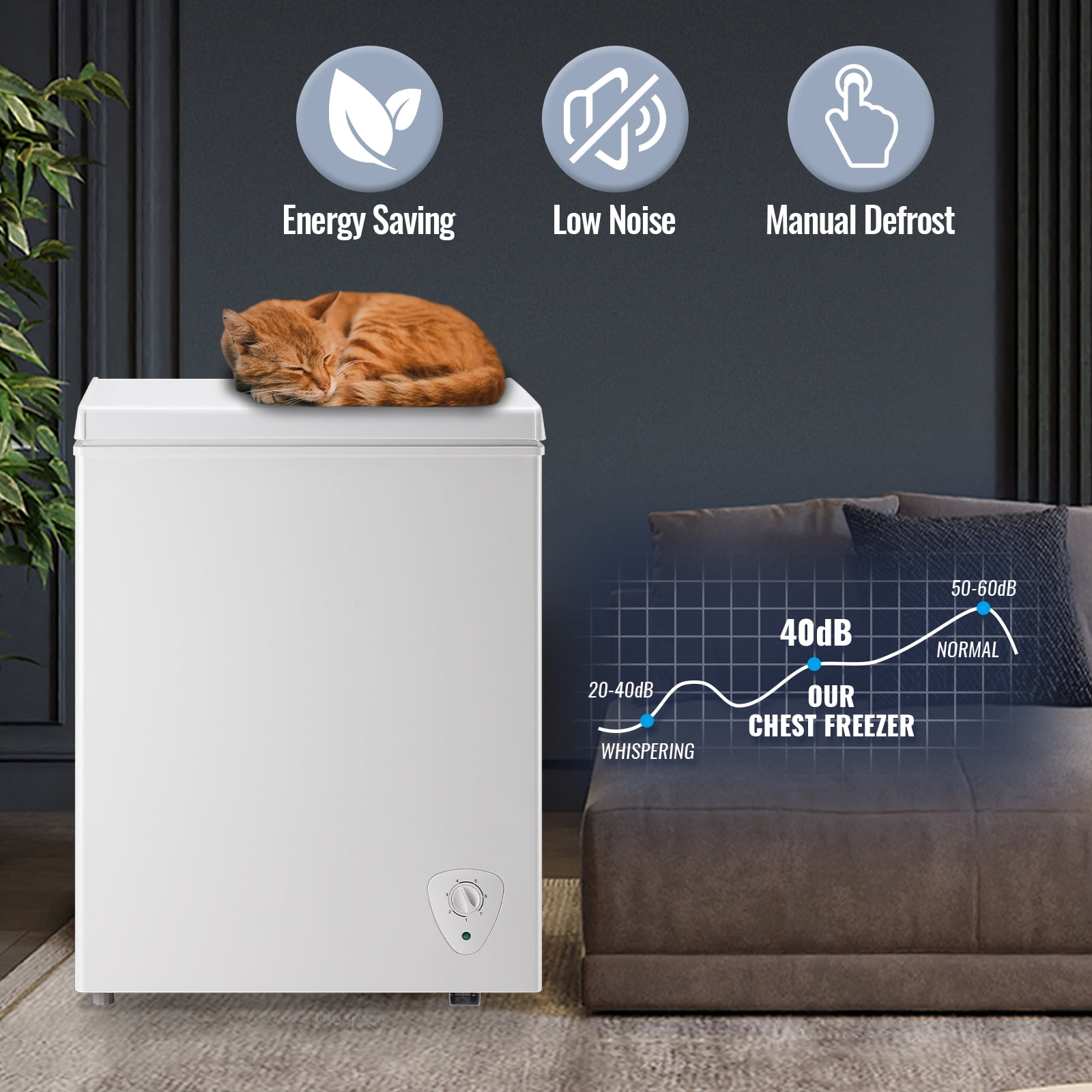 JIEJIA Compact Freezer 4.2 cu ft Environmental Chest Freezer, Mini Freezer with 7 Gear Adjustable Temperature, Removable Storage Basket, Energy Saving, White
