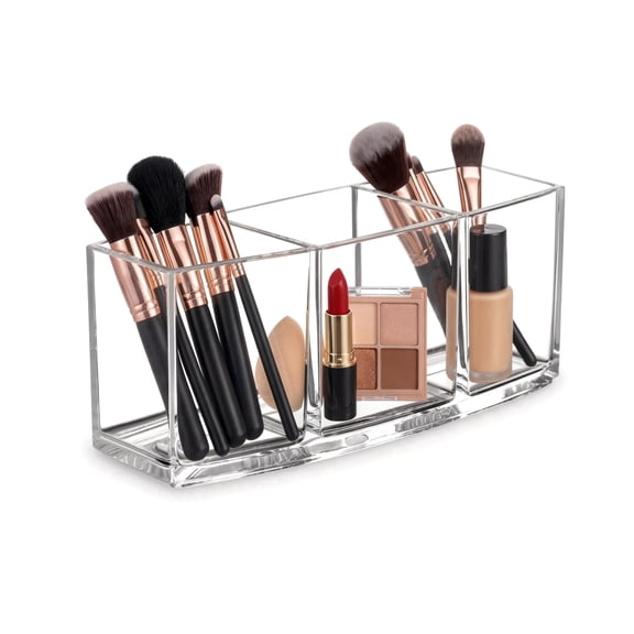 Acrylic Makeup Brush Holder,Bathroom Drawer Organizer, Pen Holder 3 Compartments, lipstick Organizer,vanity storage,Clear Pencil Organizer Cup for Countertop Desk Accessory Storage