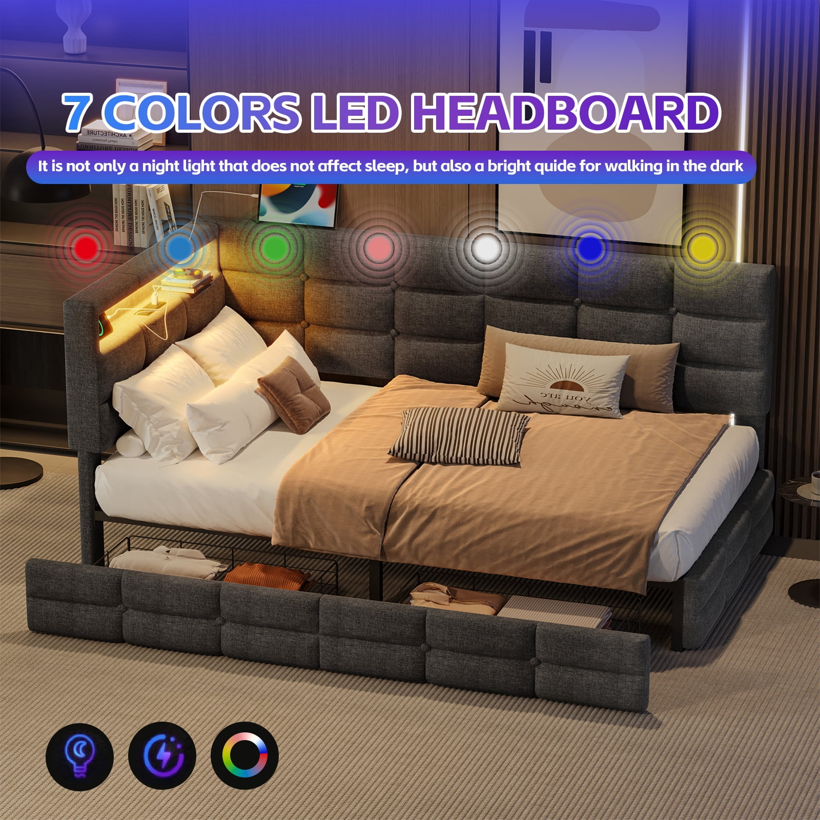 Euroco Upholstered Twin Size Daybed with Storage Headboard and Drawers, Sofa Bed with LED Light and USB Charging, Gray