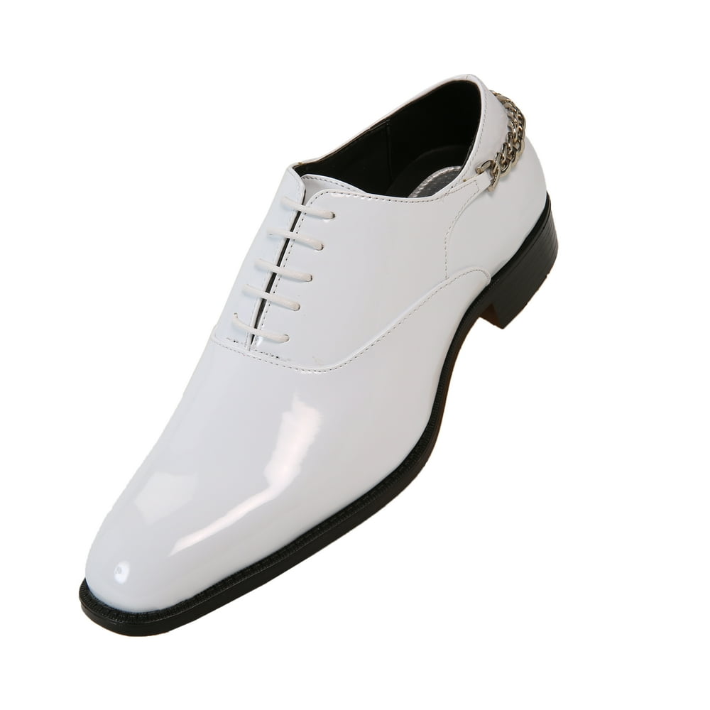 Bolano Mens Smooth Shiny Patent Plain Toe Oxford Dress Shoe with Gold