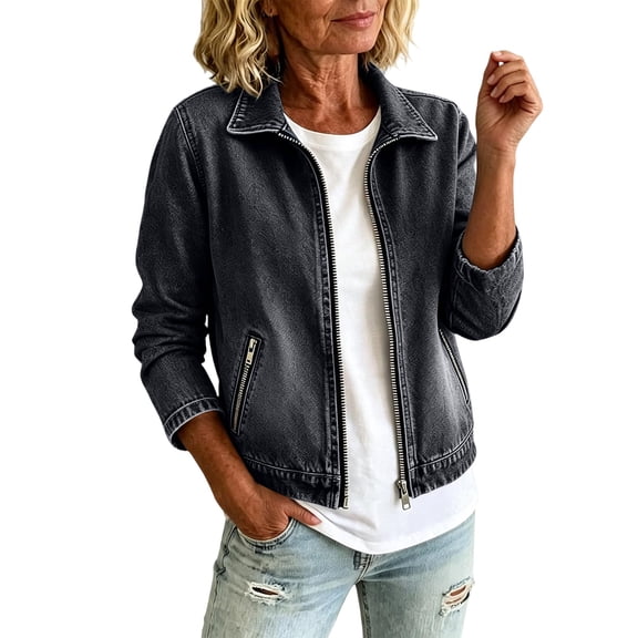 Classic Collar Full Zip Stretch Cropped Denim Jacket for Women Long Sleeve Casual Layering Jean Coat with Zipper Pockets Black S
