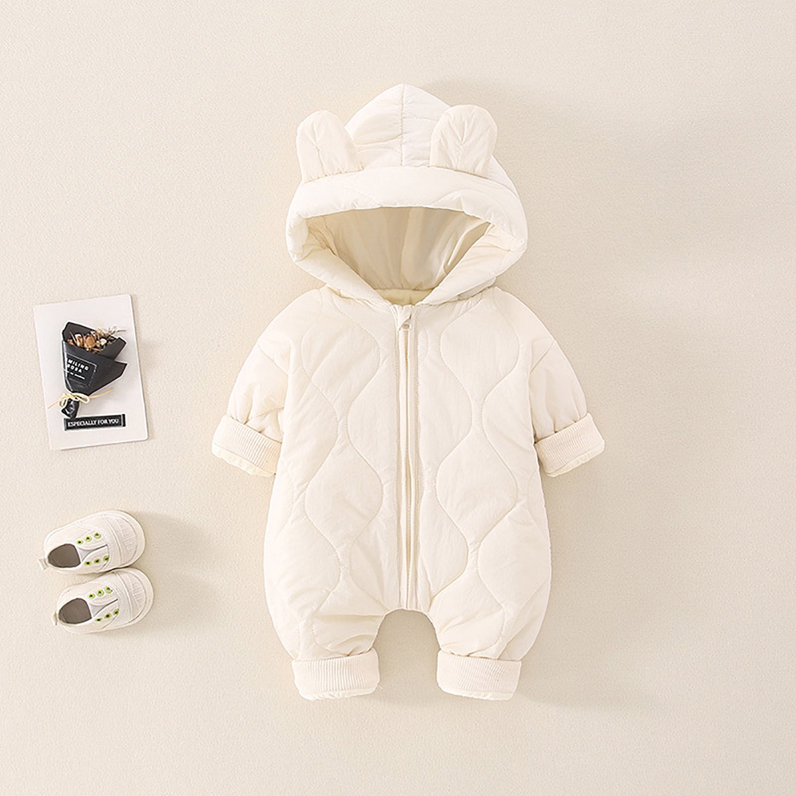 TAIAOJING Baby Boy Girl Winter Jumpsuit Unisex Padded Hooded Bears Ears Long Sleeve Cute Cartoon Romper Zipper Jumpsuit Outfits Autumn And Fall Winter Clothes 18-24 Months