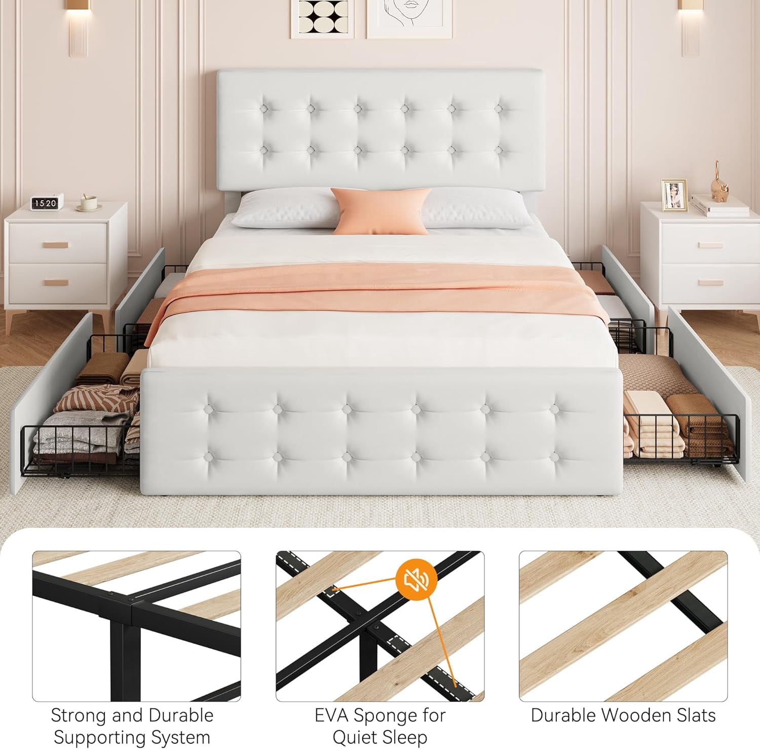 Memoryfield Full Size Bed Frame with 4 Storage Drawers and Headboard, Faux Leather Upholstered Platform Bed Frame with Wooden Slats Support, No Box Spring Needed, Beige