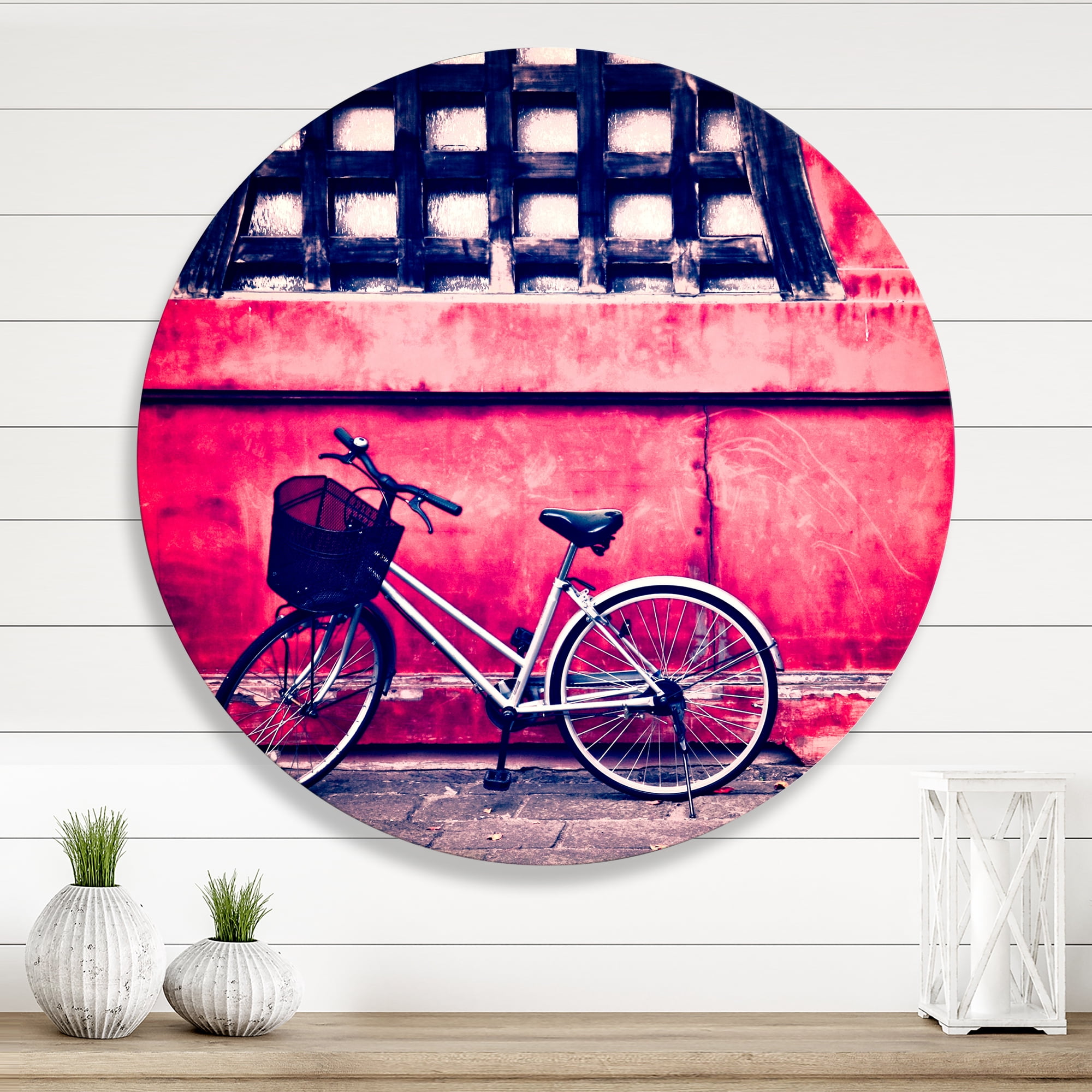 Designart 'Bicycle By Oriental Zozoji Temple Tokyo' Vintage Circle Metal Wall Art 23x23 - Disc of 23