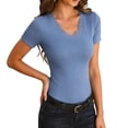 thumbnail image 3 of ClodeEU Women's Lace Trim V Neck Slim Fit Short Sleeve Tee, Solid Color Base Laye T Shirts Blue,Womens Plus XXL, 3 of 9