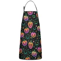 Neon Halloween Pumpkins Pattern Apron-Garden Aprons for Women with Pockets-Cotton Linen Waterproof Kitchen Cooking Gardening Aprons Adjustable for Kitchen,Cooking,BBQ and Salon 33"x27"