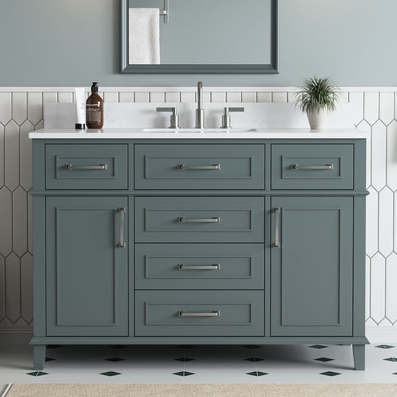 DELUXE LIVING 48" Bathroom Vanities with Sink, Fully Assembled Storage Vanity Cabinet with Marble Top, Sea Green
