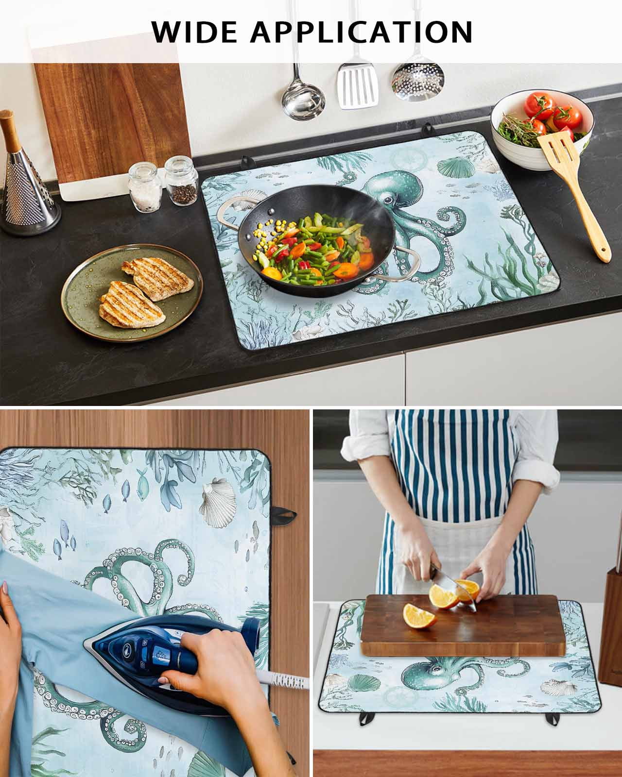 nqOlkjepod Large Induction Cooktop Protector Mat 36"x21", Coastal Octopus Stove Top Covers for Electric Stove, Cyan Nautical Fish Shells Seaweeds Stove Burner Cover Mats, Glass Top Stove Cover