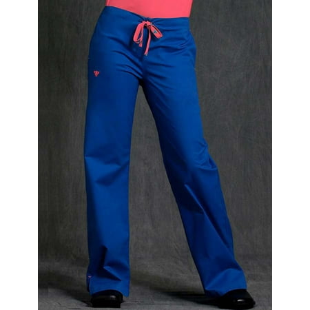 med couture women's signature drawstring straight scrub pant, royal/passion pink, x-small petite