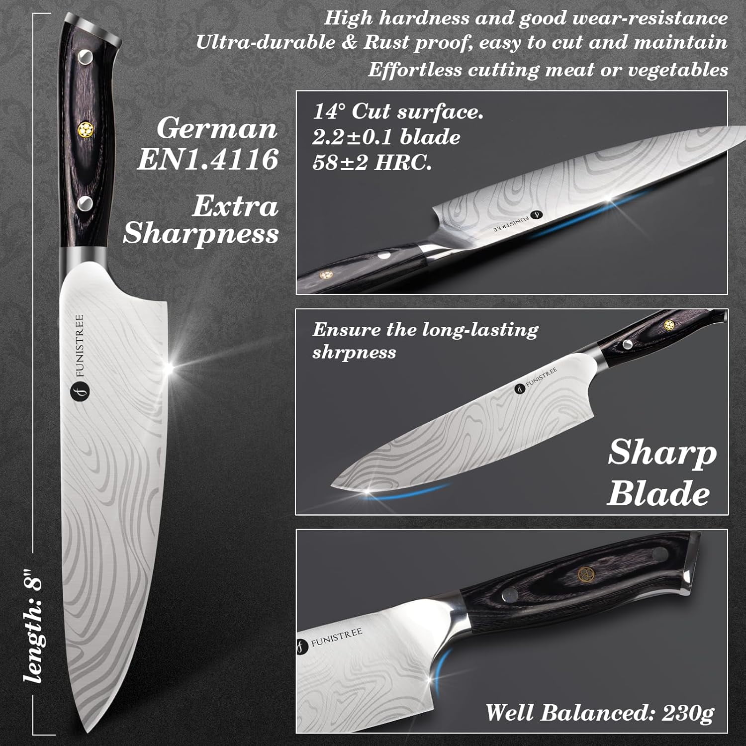 8 inch Professional Chef Knife, Sharp Kitchen Knife, German High Stainless Steel EN1.4116, Gifts for Men Women Him Husband Dad, Christmas Anniversary Birthday Gift from Wife Daughter Son
