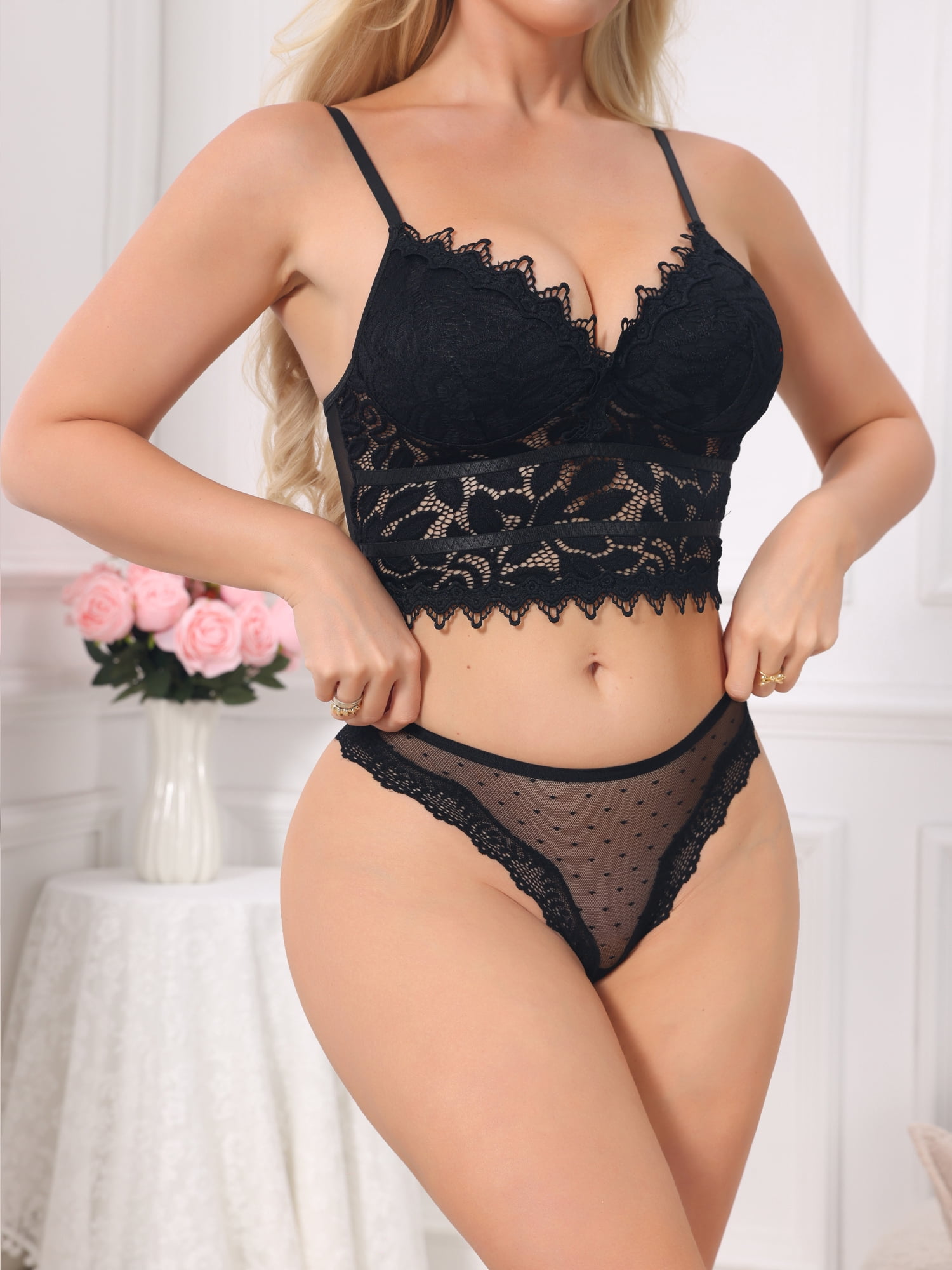 DARING DIVA Women's Lace Sheer Mesh Underwear Low Rise Bikini Polka Thongs S Black