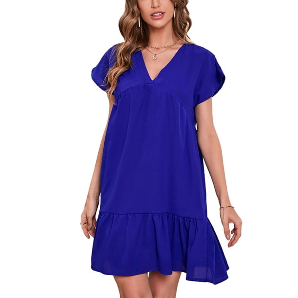 SAYOO Vestido de manga corta para mujer, vestido de ajuste holgado con dobladillo con volantes y cuello en V de color sólido, ropa informal simple y elegante de una pieza SAYOO S M L XL XXL