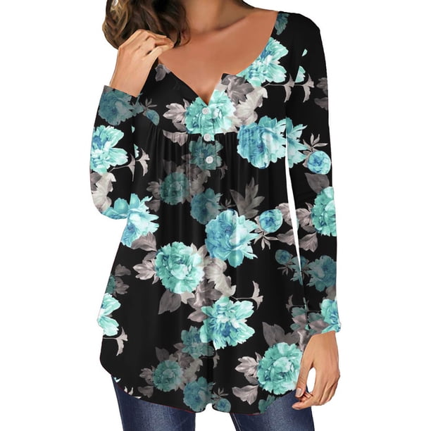 Pntutb blusa informal con estampado de flores sueltas y cuello redondo con botones abiertos y manga larga para mujer Pntutb Pntutb-1807