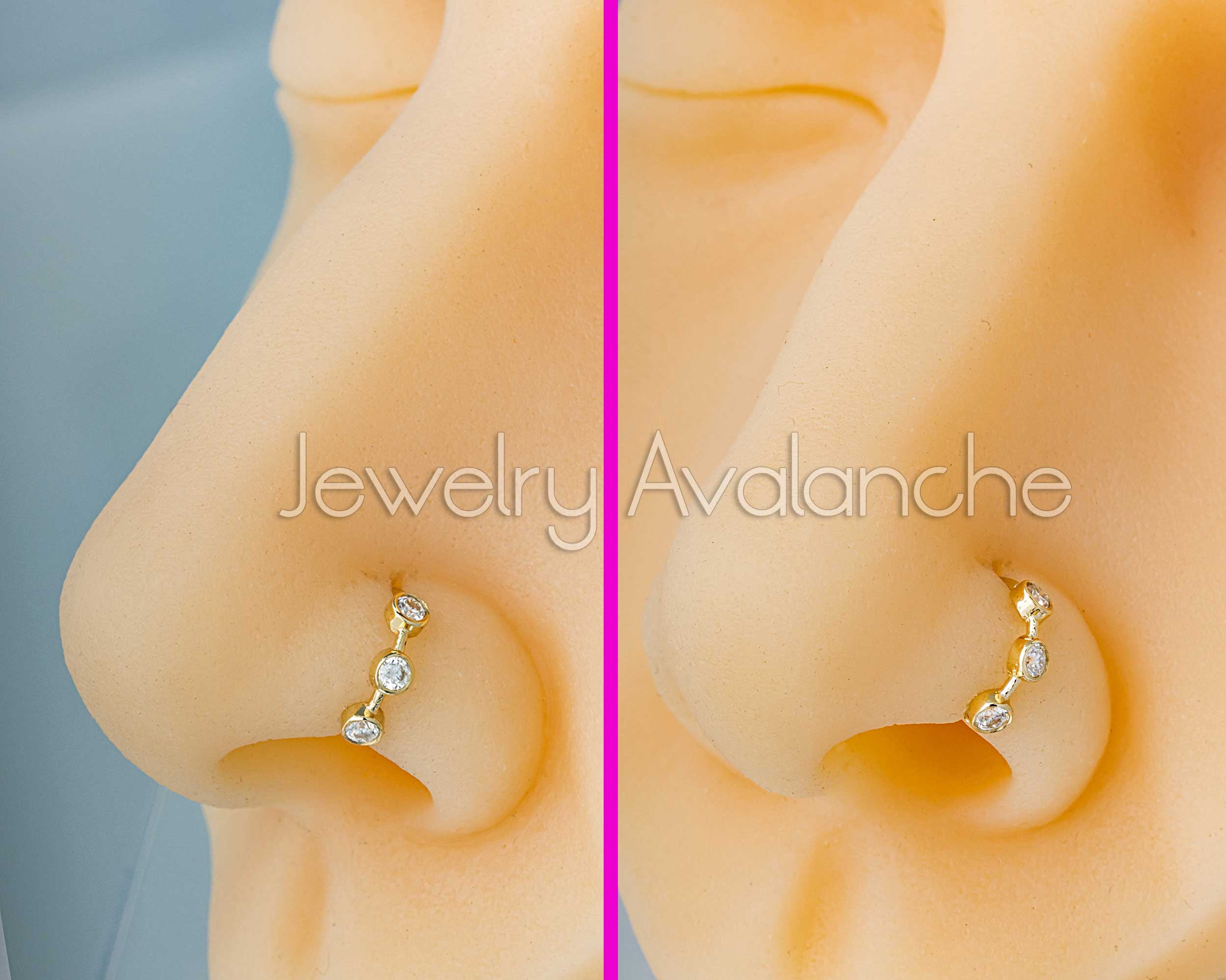 Solid 20G 14Kt Yellow Gold Bezel Set 3-STONE Moissanite Nose Ring - Ear Cartilage Ring - April Birthstone Nose Hoop - 3BZ20MNTYG