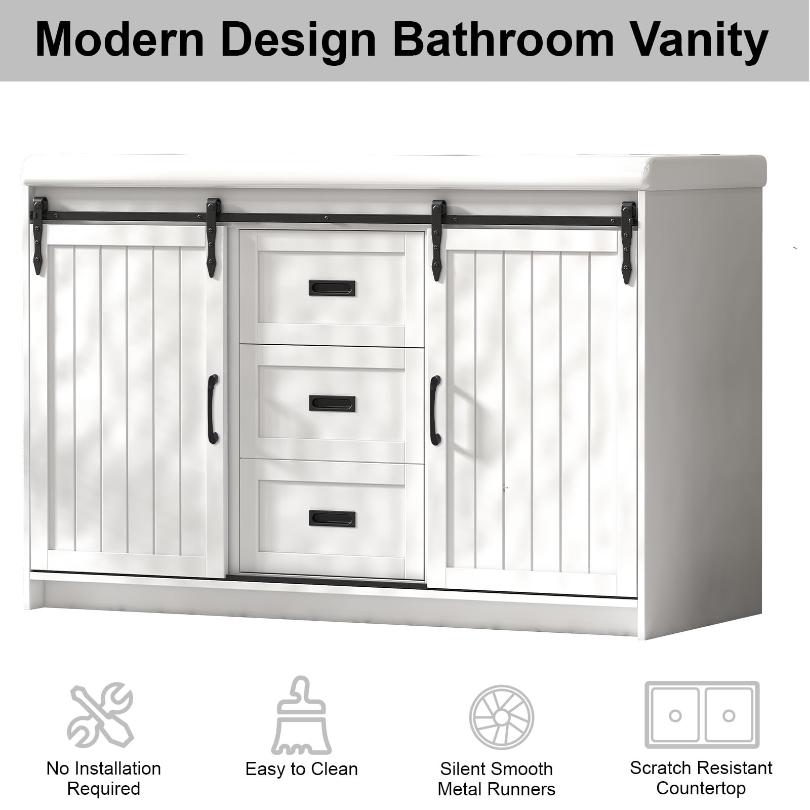 Jarbalai 47" Double Sink Farmhouse Bathroom Vanity with Sliding Barn Doors, White