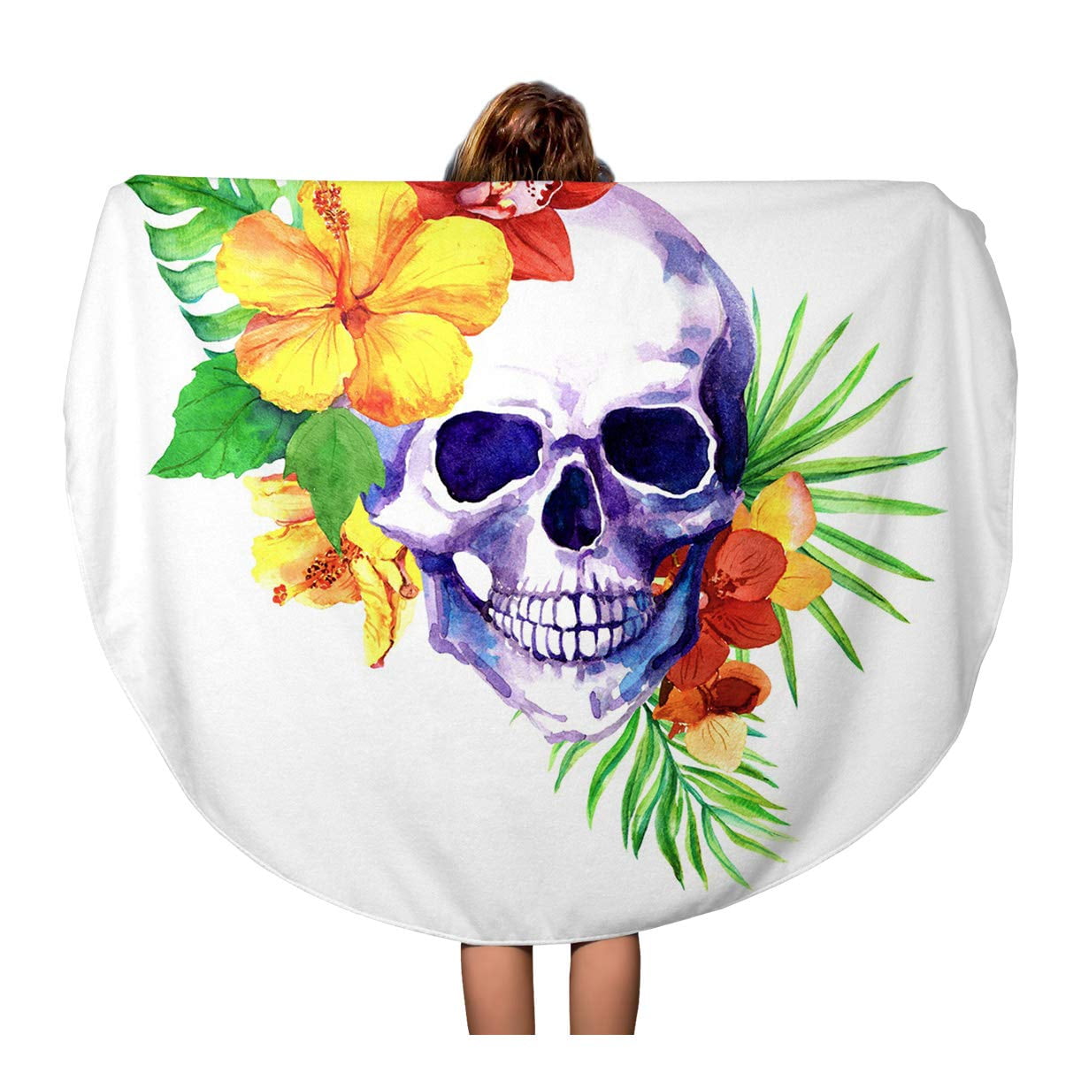 Sidonku 60 Inch Round Beach Towel Blanket Colorful Human Skull Exotic Leaves Tropical Flowers Hibiscus Orchid Travel Circle Circular Towels Mat Tapestry Beach Throw Walmart Com Walmart Com