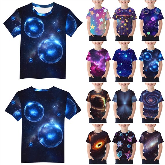 lcziwo Boys Short Sleeve T-Shirts Starry Sky Cute Graphic Tees Shirts Summer Cotton Crewneck Tshirts Tops for Kids Multicolor