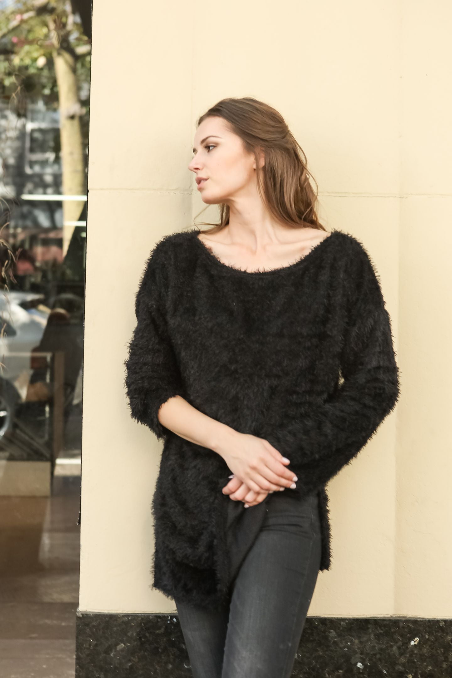 Women Boat Neck Fuzzy Furry Sweater Knit Pullover Loose Fit Tunic Top Black Large