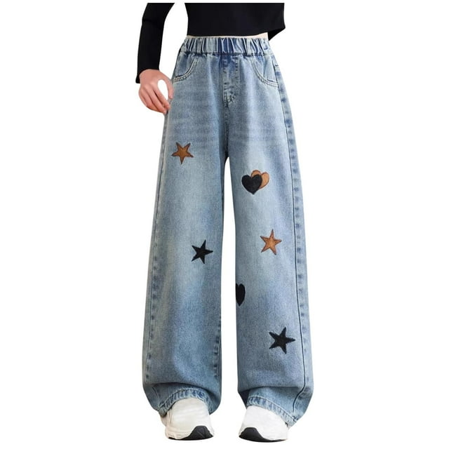 Jean Droit à Jambe Grand pour Filles / Pantalon en Denim Extensible Confortable pour 5 à 15 Ans