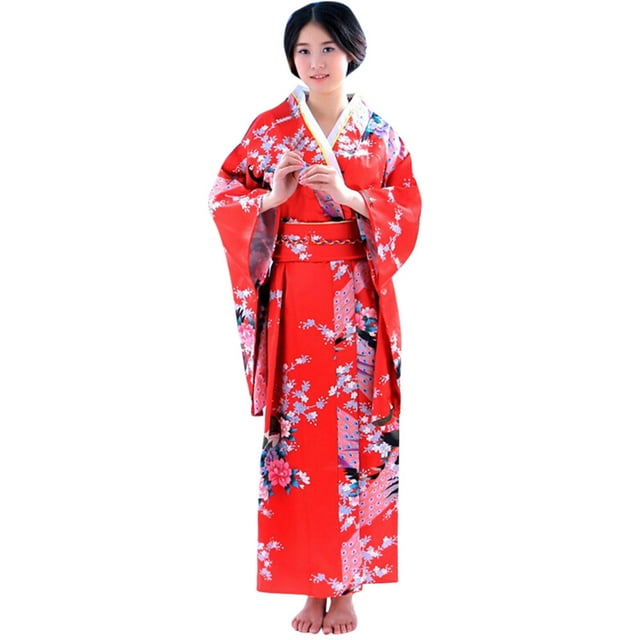 WTXUE Robe à Manches Longues, Kimono Traditionnel pour Femmes avec Photographie d'Impression Japonaise, Robe pour Femmes, Robe Florale pour Femmes, Kimonos pour Femmes, Robes Rouges pour Femmes, Rouge