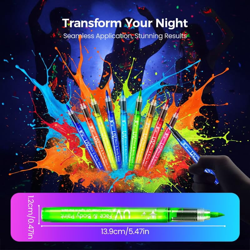 UV Neon Face Paint Markers 12 Colors, Glow in the Dark Body Paint Pens for Skin, Washable Temporary Tattoo Markers for Blacklight Parties Halloween Cosplay