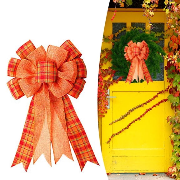 FXMLRLK 1 PCS Extra Large Fall Wreath Gift Bow - Orange Buffalo Plaid Check Wreath Bow Swag Bow Thanksgiving Wreath Pre-Tied Bow For Fall, Thanksgiving, Christmas, Home Indoor Outdoor Ornaments