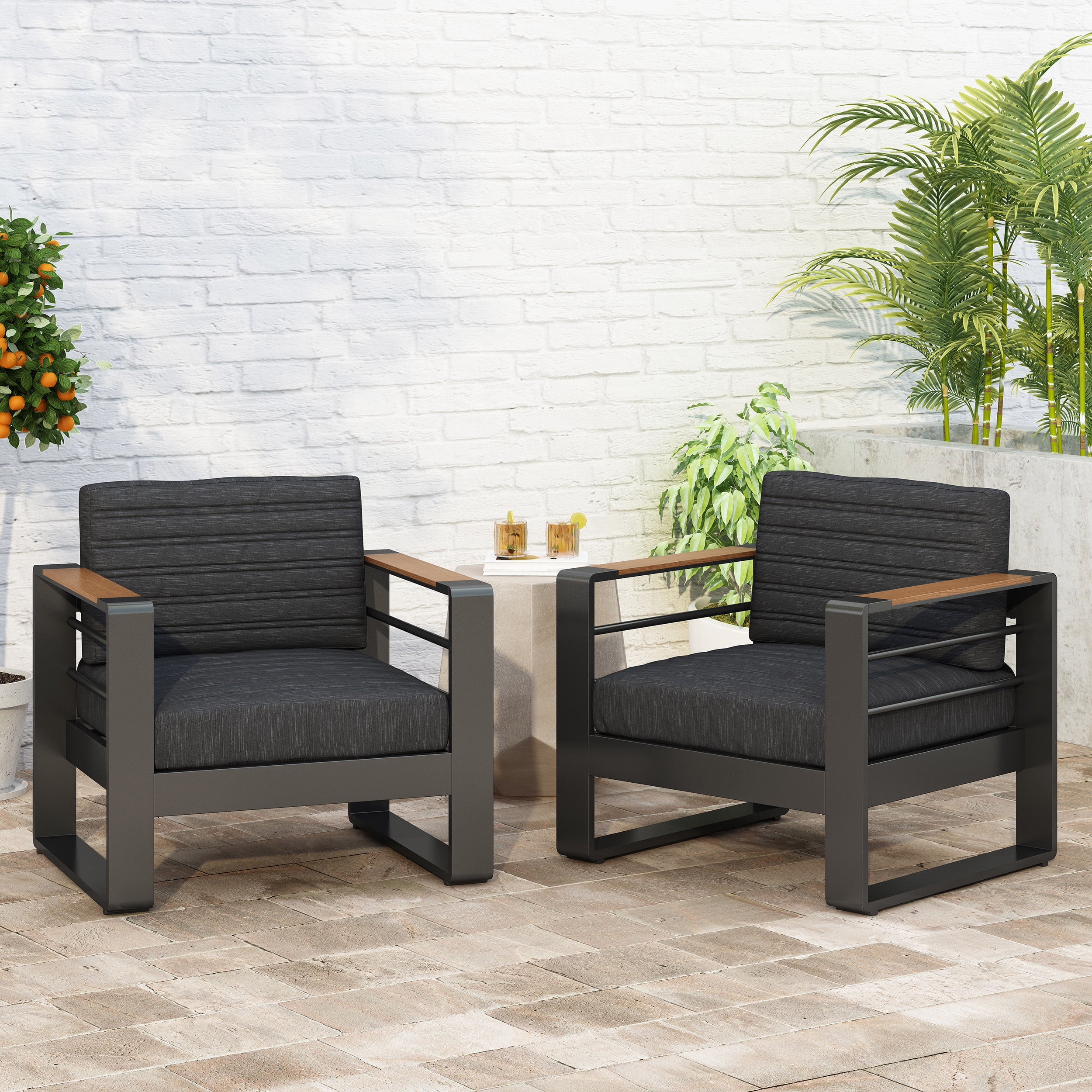 Noble House Ridgeway Aluminum Outdoor Club Chairs, Set of 2, Dark Gray and Natural